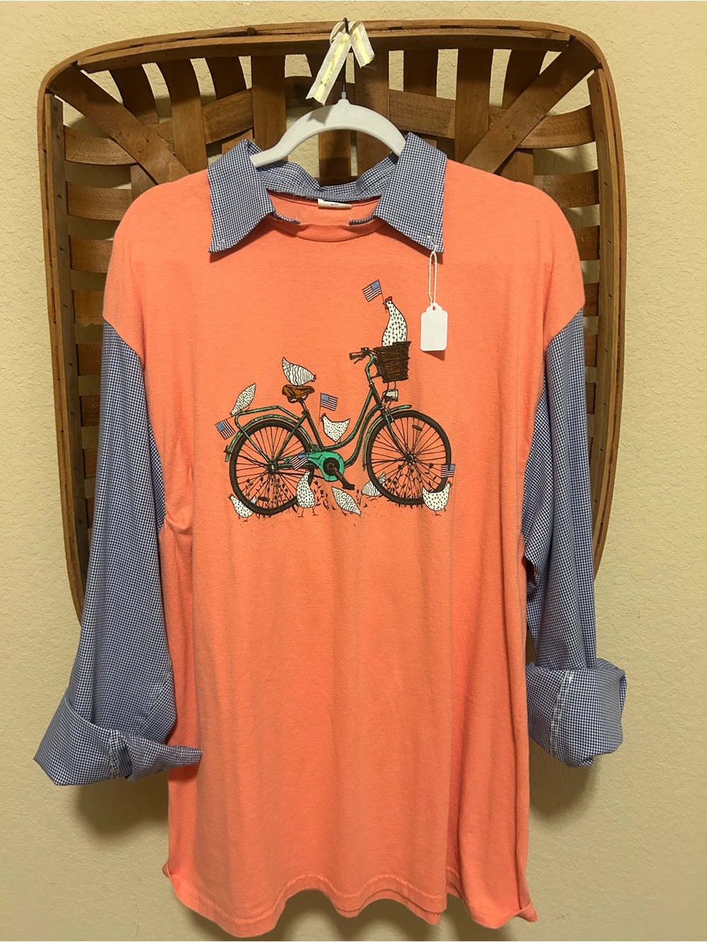 Recycled Coral Pullover with Bicycle Graphic and Blue Gingham Collar
